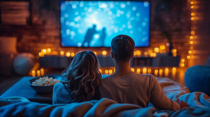 Loving Couple Embracing on Couch Watching TV - Cozy Evening Atmosphere