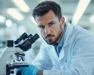 Lab technician working with carbon fiber composites under microscope, Materials Engineering, high-performance materials