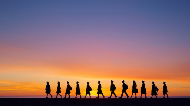 Graduates walking in line at sunset, symbolizing achievement and new beginnings. vibrant colors of sky enhance emotional atmosphere of this momentous occasion