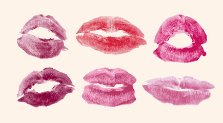 Woman lips imprints. Different shapes. Lipstick Kiss set. Trendy Vector illustration. Love, Valentine's day, romance, make up concept. Isolated design elements