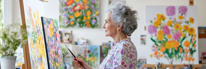 A woman with gray hair is painting in bright, colorful studio filled with floral artwork. Her focused expression reflects her passion for art and creativity - Powered by Adobe