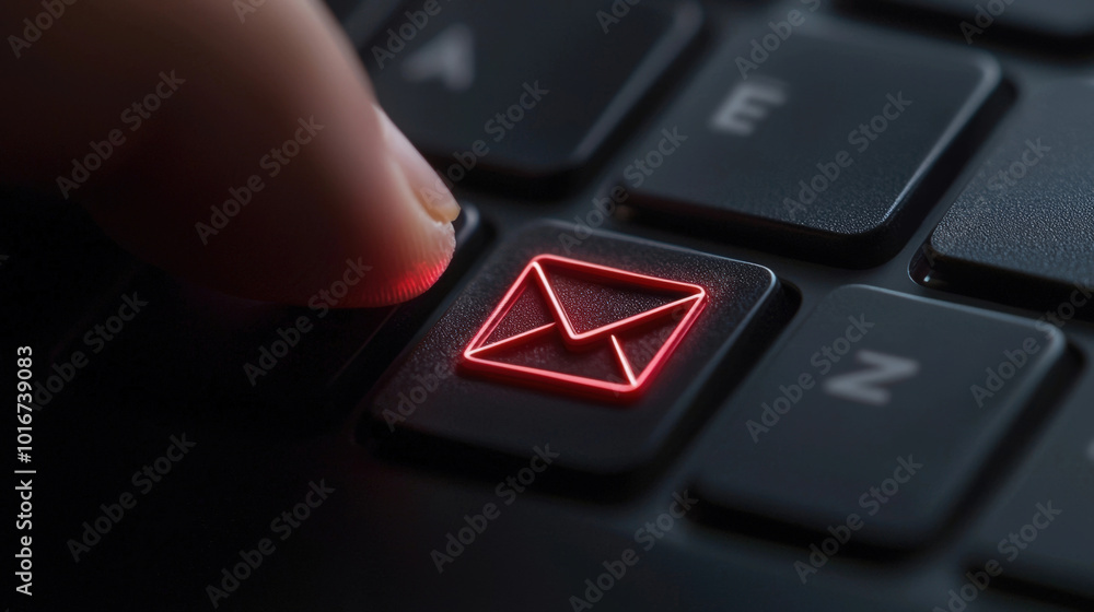 Poster close up of finger pressing glowing red email icon on keyboard, symbolizing communication and techno