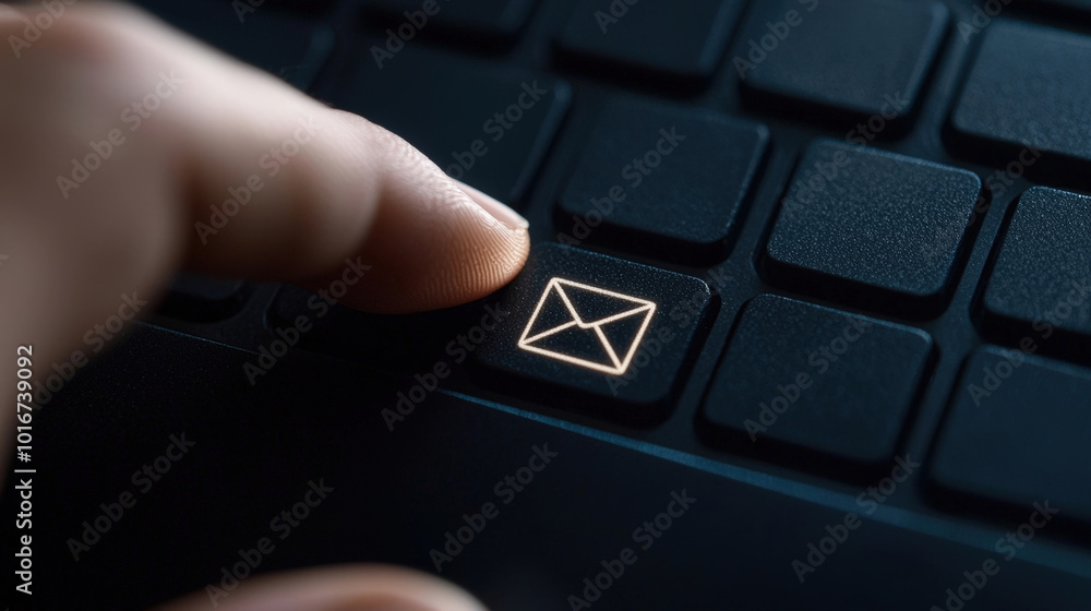 Poster close up of hand pressing email key on laptop keyboard, symbolizing communication and technology. im