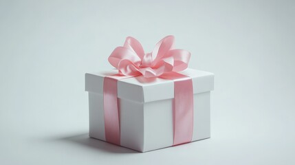 Fototapeta premium Elegant white gift box adorned with a delicate pink ribbon, set against a minimalist background, perfect for celebrations and special occasions.