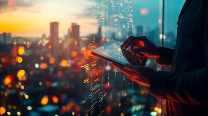 Double exposure Digital technology, internet global network technology concept. Business man using digital tablet computer with global internet network connection, smart city background, data exchange