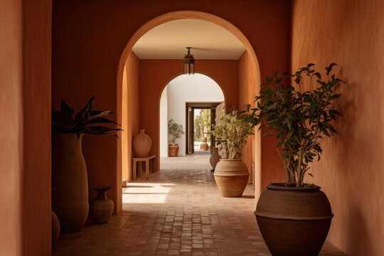 Interior hallway architecture terracotta building.  Image by rawpixel.