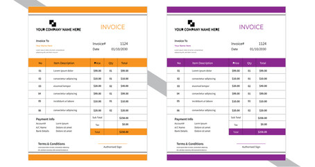Business invoice form template. Invoicing quotes, money bills or price invoices and payment agreement design templates. 