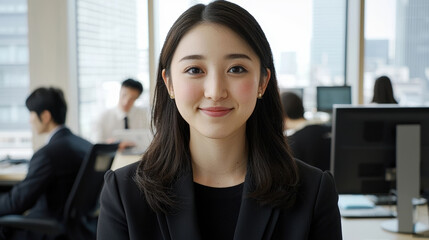 confident woman in professional setting smiles warmly, showcasing her dedication and positivity in workplace. modern office environment enhances atmosphere of productivity and collaboration