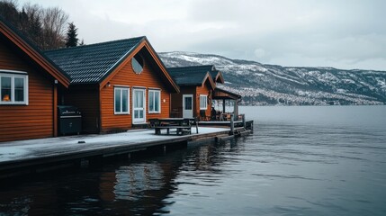 Obraz premium Red wooden houses stand in a row along the water, their reflective surfaces capturing the tranquility of a winter landscape in Scandinavia