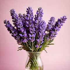 Obraz premium A beautiful image of a bouquet of vibrant purple lavender flowers against a soft pink background.