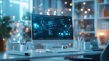 A modern workspace featuring sleek computer displaying data visualizations, surrounded by office supplies and ambient lighting. atmosphere is tech savvy and innovative, perfect for productivity