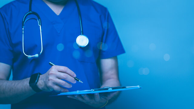 healthcare provider meticulously reviewing patient information, emphasizing dedication, professionalism inherent in medical practice soothing blue background enhances caring atmosphere of healthcare