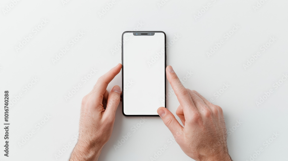 Poster person using smartphone with blank screen, showcasing hands interacting with device. image conveys s