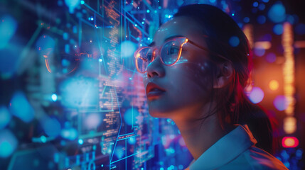 Naklejka premium Focused woman analyzing digital data on futuristic virtual interface