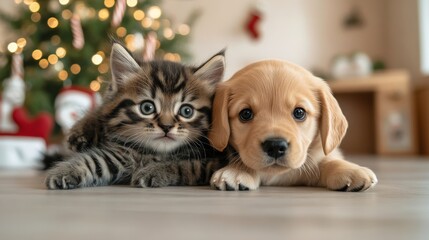 Cute kitten and puppy posing by Christmas tree.