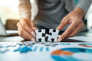 Fitting Puzzle Pieces for Solution Integration,problem-solving and strategy building in a business setting. It shows two hands fitting together puzzle pieces, symbolizing the integration of ideas