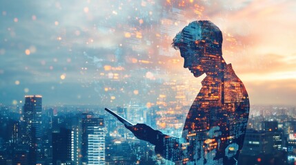 Double exposure Digital technology, internet global network technology concept. Business man using digital tablet computer with global internet network connection, smart city background, data exchange