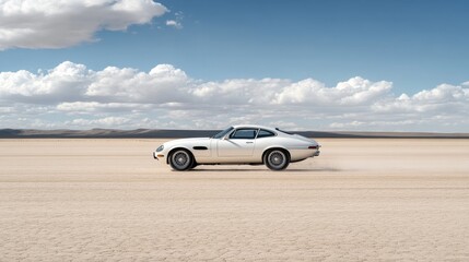 Sports car racing through desert sand.