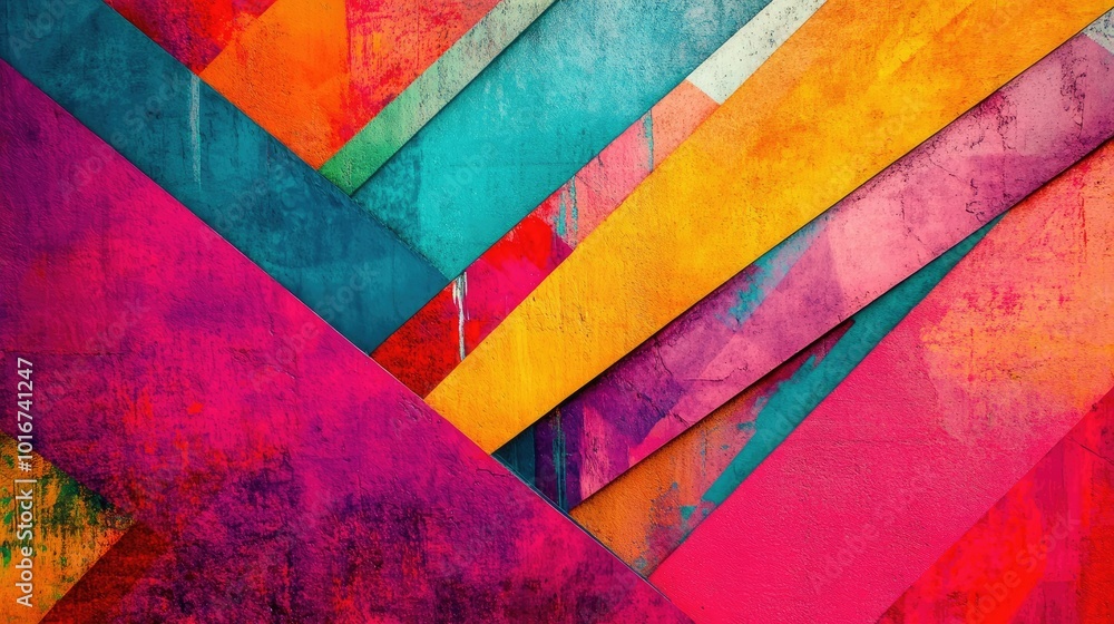 Poster Colorful diagonal lines intersect with layered geometric shapes for a vibrant abstract background.