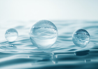 Clear water droplets create serene and tranquil atmosphere, floating gracefully on surface. soft reflections and gentle ripples enhance calming effect of this beautiful scene