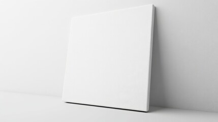 Naklejka premium Minimalist blank canvas leaning against a white wall, ready for painting or artistic creation. Perfect for design and art projects.