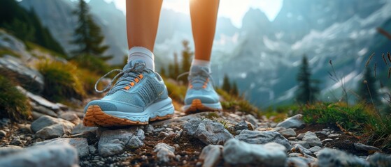Close-up of a woman's legs in running shoes on a mountain trail, a close-up detail shot with a bokeh background featuring a beautiful landscape and mountains. Detailed photography.