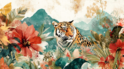 Pastelowa tekstura, tygrys i abstrakcyjne kwiaty, tło dla projektu generative ai 