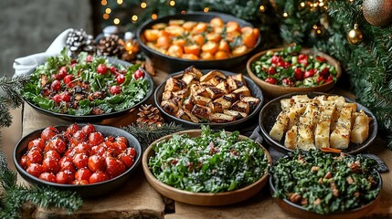 Fototapeta premium Festive plant-based dishes including salads and roasted vegetables on a Christmas table, beautifully garnished and surrounded by holiday decorations, creating a vibrant and inviting holiday feast.