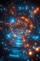 Obraz premium Circular digital interface glowing blue light, futuristic data network swirling with energy and precision