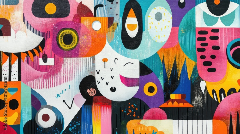 Poster eclectic abstract background with surreal and playful shapes, featuring vivid colors and whimsical c