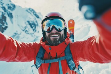 Obraz premium Happy skier taking selfie on top of mountain on sunny day