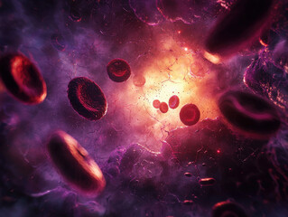 Microscopic blood cells are depicted in surreal, vibrant environment, showcasing blend of colors and textures that evoke sense of wonder and intrigue. dynamic interplay of light and shadow enhances