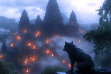 Wolf Watching Ancient Temple in Foggy Jungle Mystical Landscape