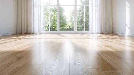 Sunlit Spacious Room with Wooden Laminate Flooring and Large Windows