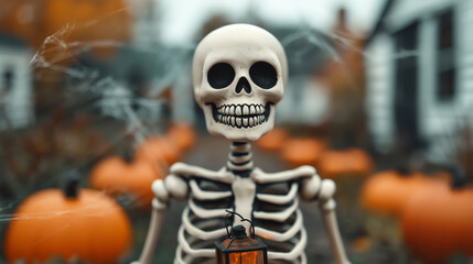 Fototapeta premium A playful skeleton stands amidst autumn pumpkins, creating a festive Halloween scene filled with charm and whimsy.
