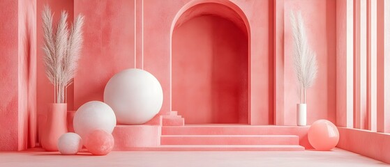 Fototapeta premium Carefully curated minimalist monochromatic decor arrangement featuring a harmonious interplay of geometric shapes textures and tones creating a balanced and visually captivating display