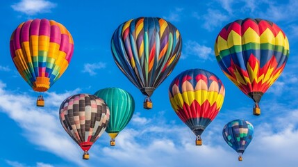 Fototapeta premium Colorful hot air balloons soaring through a cloudy sky, EPS transparency. 