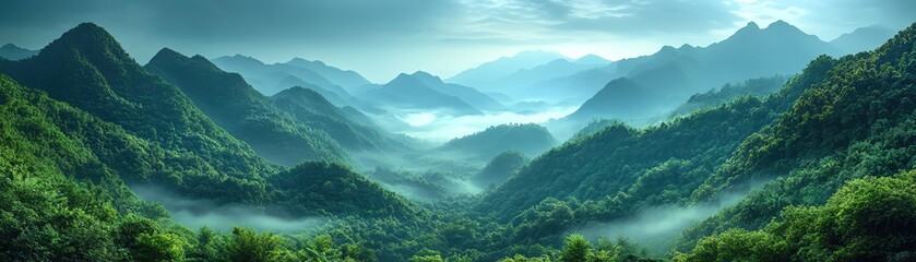 Obraz premium Lush green jungle with layered mountains fading into misty horizon, panoramic tropical landscape