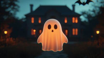 A whimsical ghost floats in front of a spooky mansion, capturing the essence of Halloween with a playful atmosphere.