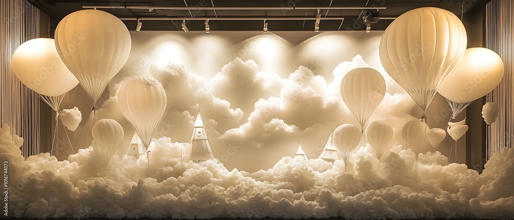 Poster monochromatic air balloon display featuring a surreal and ethereal arrangement of hot air balloons i