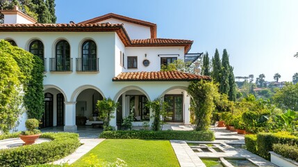 Obraz premium Luxurious Mediterranean villa on a white background, showcasing arched windows, a classic terracotta roof, and lush green landscaping, perfect for property listings.