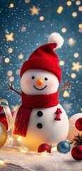  A snowman wearing a red hat and scarf, along with a Christmas ornament, sits on a snowy surface