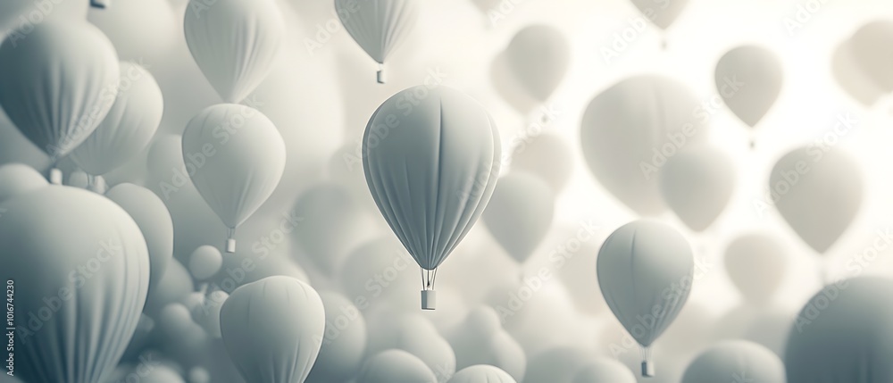 Poster monochromatic air balloon arrangement with unique shapes and subtle gradients creating a modern crea