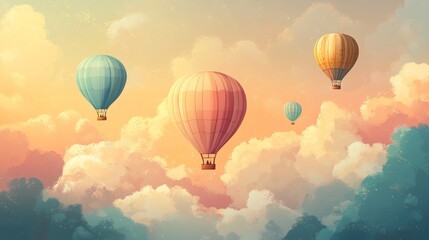 Fototapeta premium Colorful hot air balloons soaring through a cloudy sky, EPS transparency. 