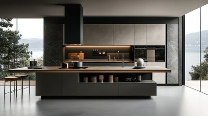 Minimalist kitchen with an integrated eating and cooking area, highlighted by sleek kitchenware and modern fixtures for a streamlined look.