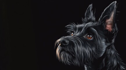 canine face, black background, red spot in pupil