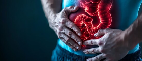  A tight shot of an individual touching their abdomen, revealing a reddish, worm-like light inside