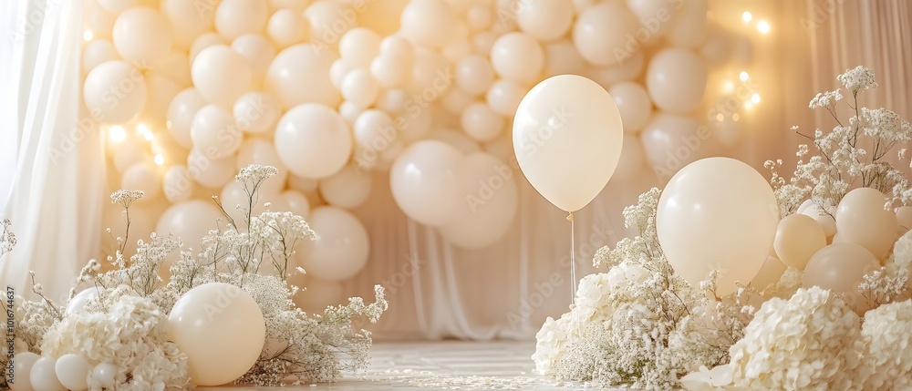 Poster refined and sophisticated setting with a backdrop of monochromatic air balloons in elegant minimalis