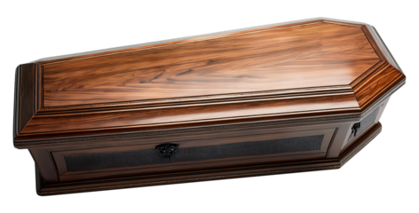 Wooden Coffin With Metal Accents Isolated on Transparent Background.