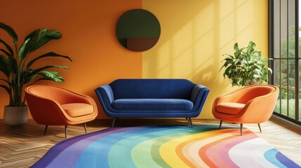 Modern living room interior with mid-century furniture, featuring a cozy blue sofa, vibrant armchairs, and a rainbow rug with indoor plants for a stylish look.